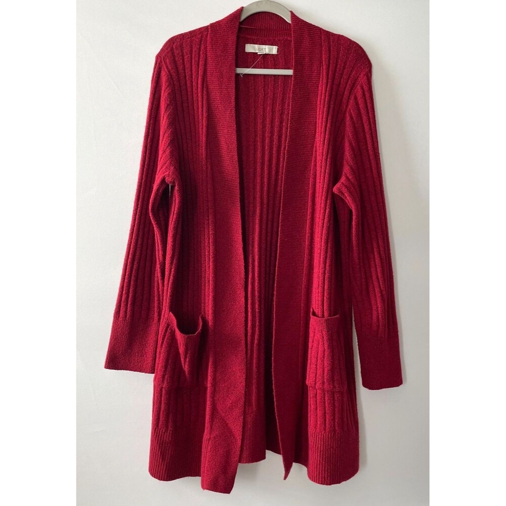 LOFT Women’s Large Red Longline Ribbed Open Front Cardigan Sweater Pockets